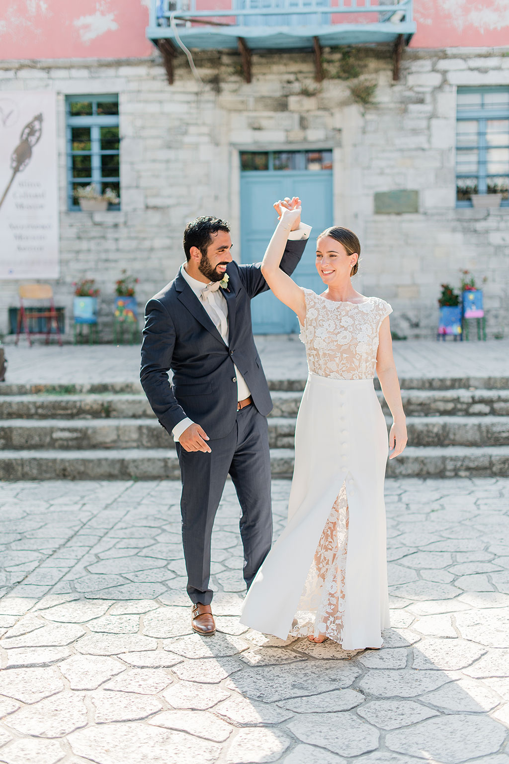 A sweet dance pose at next day wedding photoshoot in Athitos Halkidiki